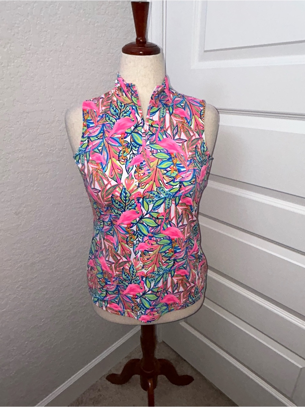 Lulu B Tropical Palm Flamingo 1/4 Zip Front Sleeveless Blouse Shirt Top
